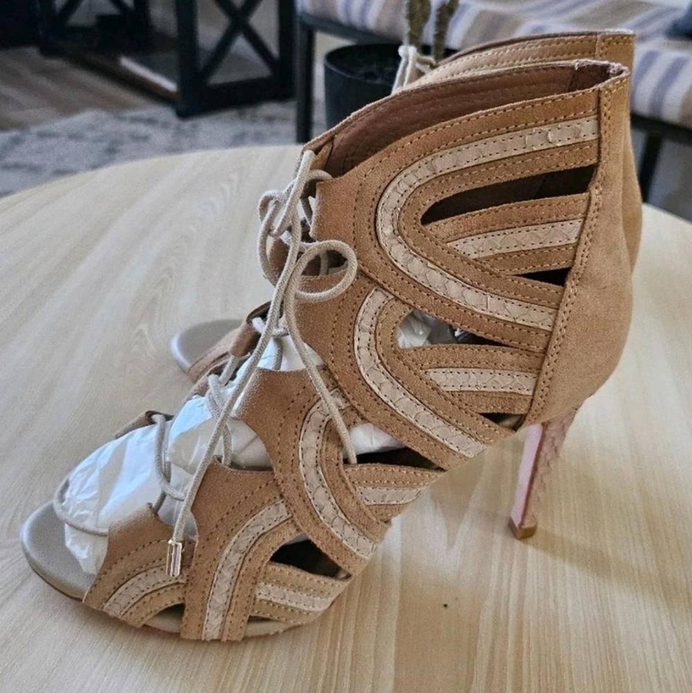 Joie Women Nude Suede Lace Up Heeled Sandals Open Toe Cutout Gladiator Heels Sz6 - Picture 5 of 11